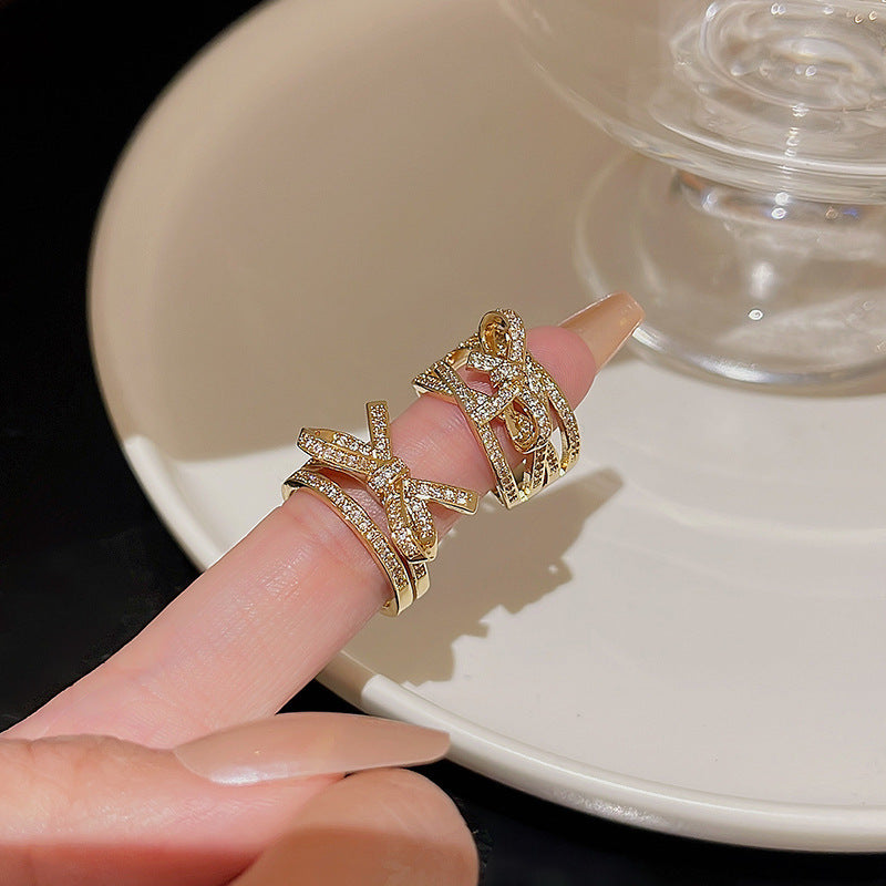 Micro Inlaid Zircon Bow Ring Female Personalized Minority Geometric - J287 Gold / Adjustable Opening - electronic