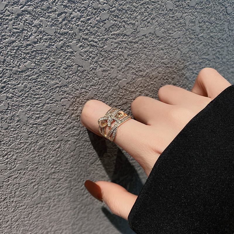 Micro Inlaid Zircon Bow Ring Female Personalized Minority Geometric - J287 Gold / Adjustable Opening - electronic