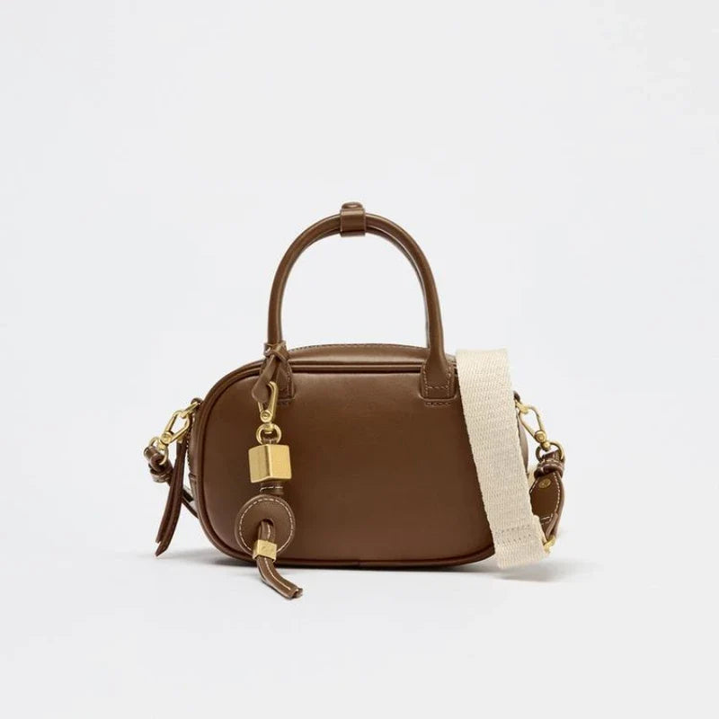 Mini Topstitched Bag Wide Strap Crossbody - DARK TAN