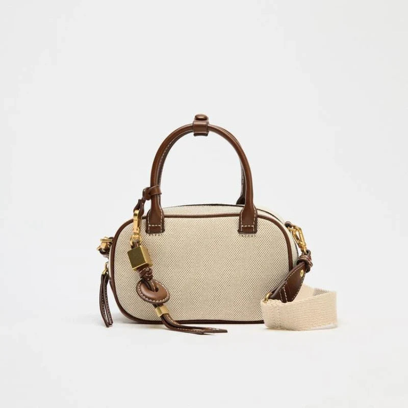 Mini Topstitched Bag Wide Strap Crossbody - LIGHT BEIGE
