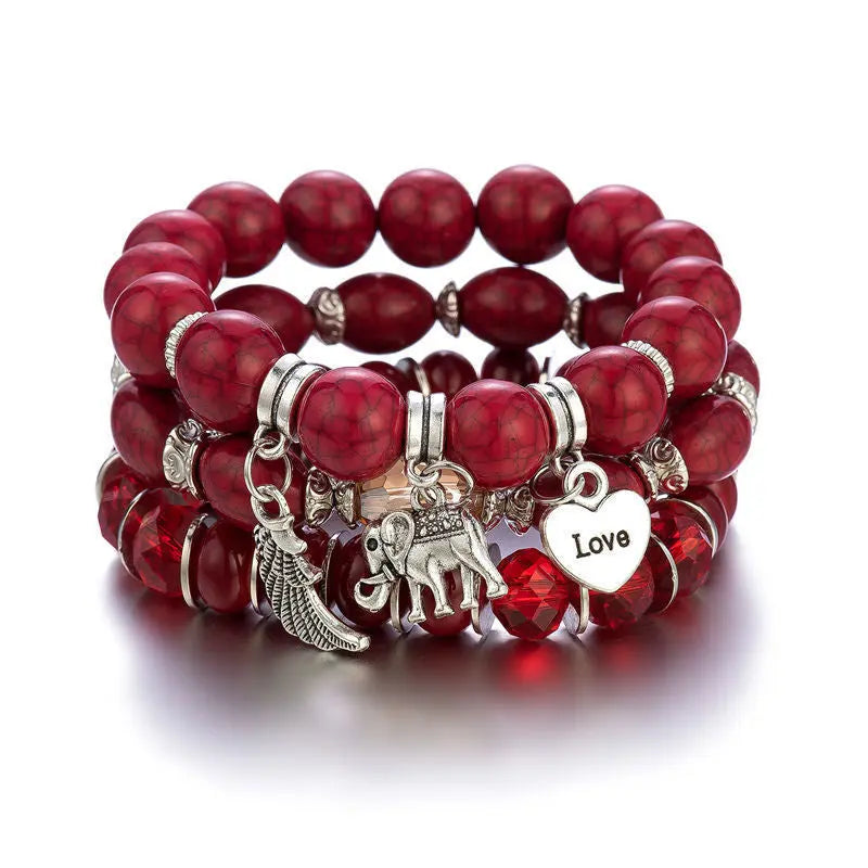 Multi-layer Wooden Bead Beaded Bracelet Elastic - B0005 Red - electronic accessories