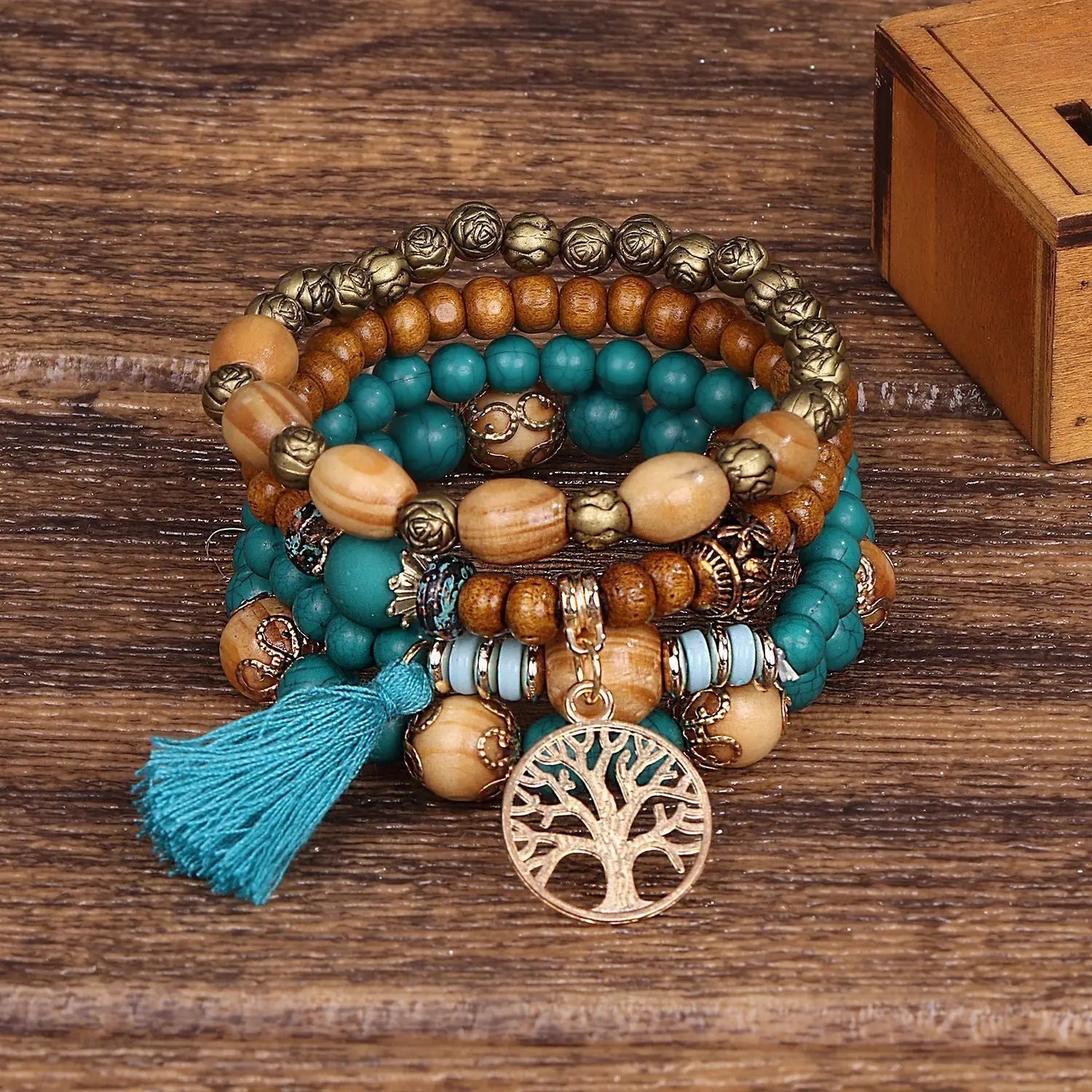 Multi-layer Wooden Bead Beaded Bracelet Elastic - B0010 Lake Blue - electronic accessories