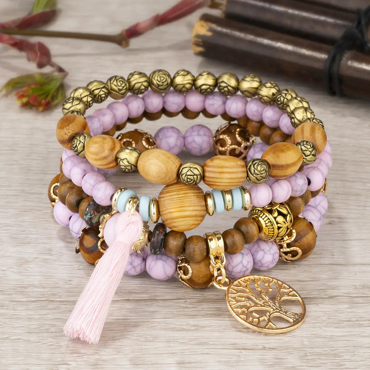 Multi-layer Wooden Bead Beaded Bracelet Elastic - B0010 Purple - electronic accessories
