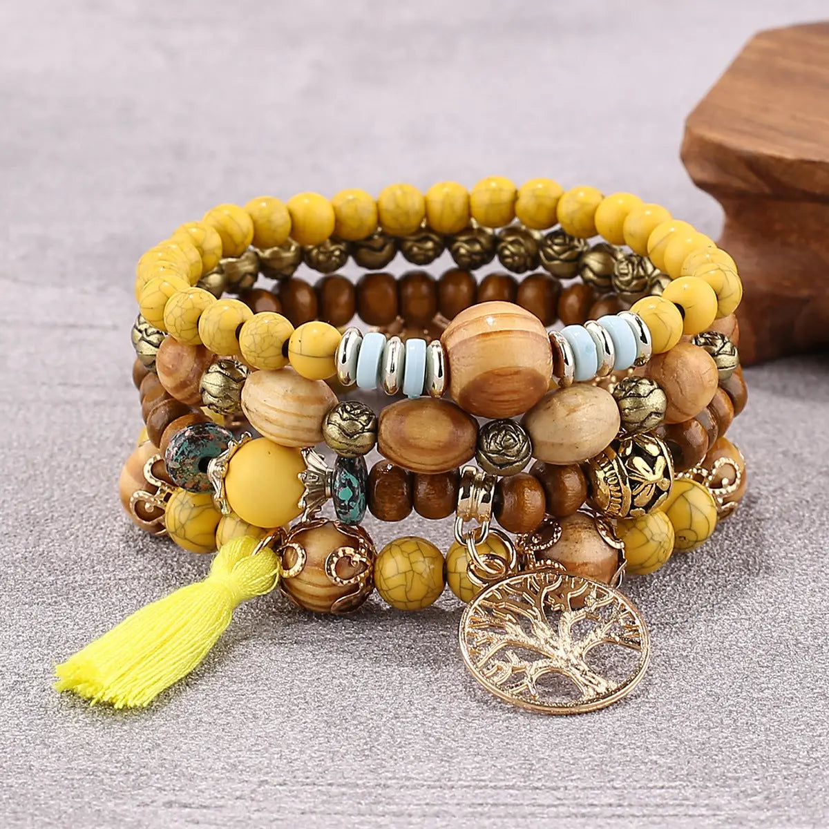 Multi-layer Wooden Bead Beaded Bracelet Elastic - B0010 Yellow - electronic accessories