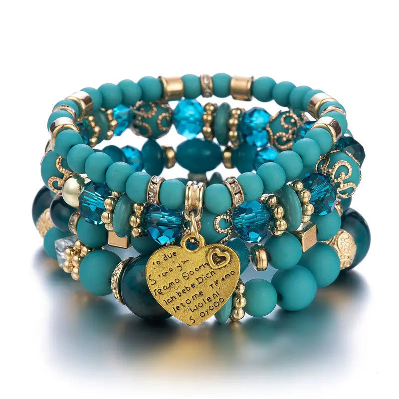 Multi-layer Wooden Bead Beaded Bracelet Elastic - B0013 Peacock Blue - electronic accessories
