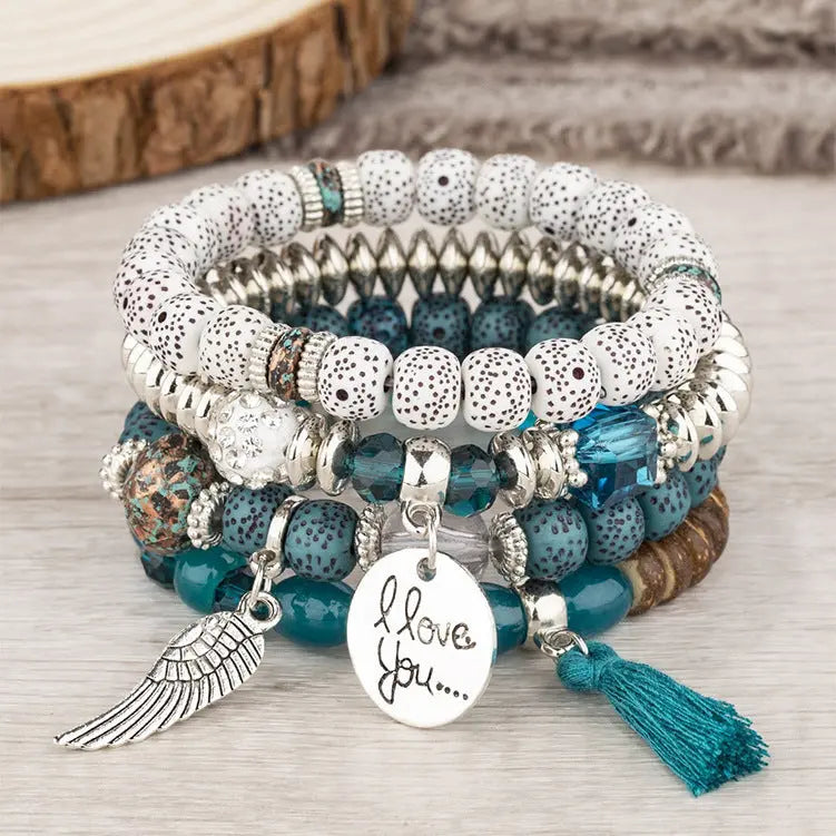 Multi-layer Wooden Bead Beaded Bracelet Elastic - B0038 Dark Blue - electronic accessories