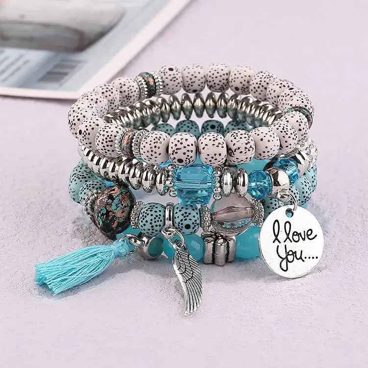 Multi-layer Wooden Bead Beaded Bracelet Elastic - B0038 Light Blue - electronic accessories