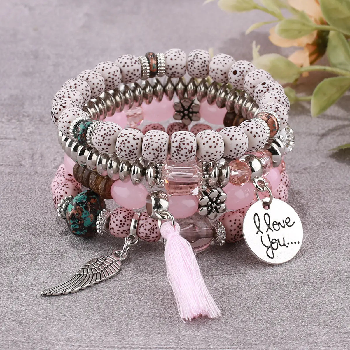 Multi-layer Wooden Bead Beaded Bracelet Elastic - B0038 Pink - electronic accessories