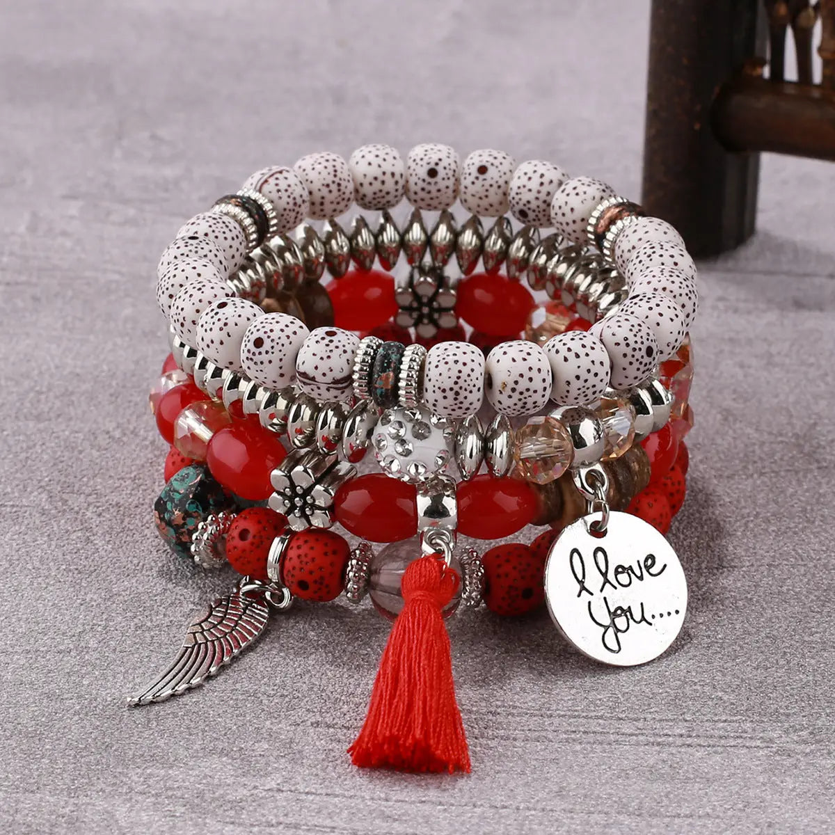 Multi-layer Wooden Bead Beaded Bracelet Elastic - B0038 Red - electronic accessories
