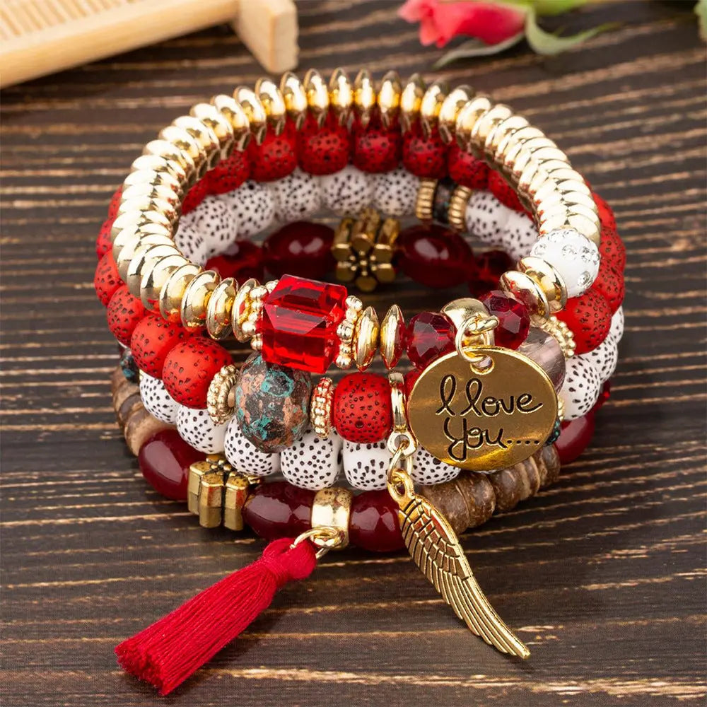 Multi-layer Wooden Bead Beaded Bracelet Elastic - B1038 Red - electronic accessories