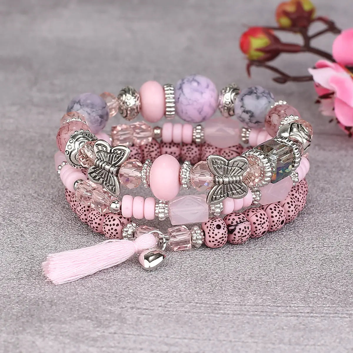 Multi-layer Wooden Bead Beaded Bracelet Elastic - B104 Pink - electronic accessories