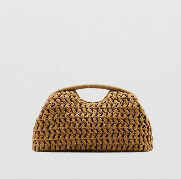 Natural Fiber Snap Clutch Bag - A-Yellow Brown