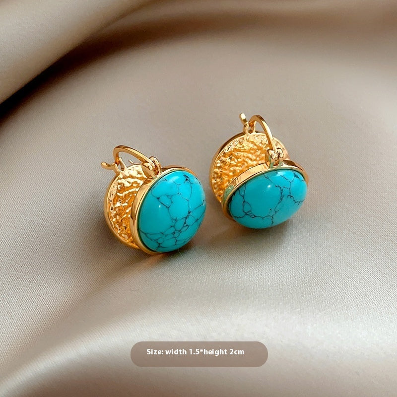 Natural Stone Stud Earrings Round Diamond Gold-plated - Ear Buckle Gold - electronic accessories