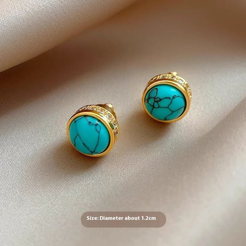 Natural Stone Stud Earrings Round Diamond Gold-plated - Turquoise Ear Studs - electronic accessories