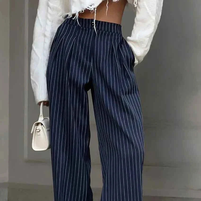 Navy Blue Striped Wide Leg Pants For Women