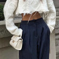 Navy Blue Striped Wide Leg Pants For Women