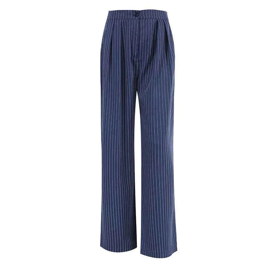 Navy Blue Striped Wide Leg Pants For Women