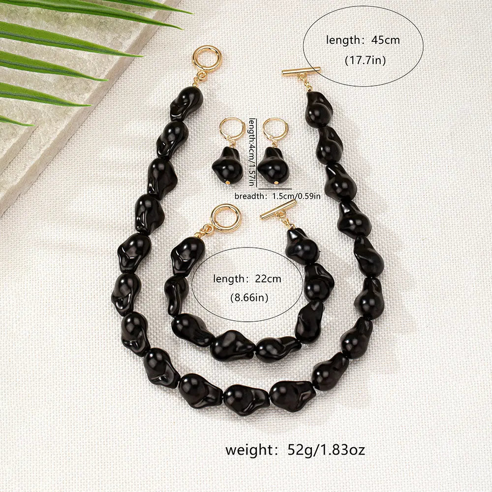 New Shaped Pearl Necklace Bracelet Ear Studs Suit Vintage - T083 Black - electronic accessories