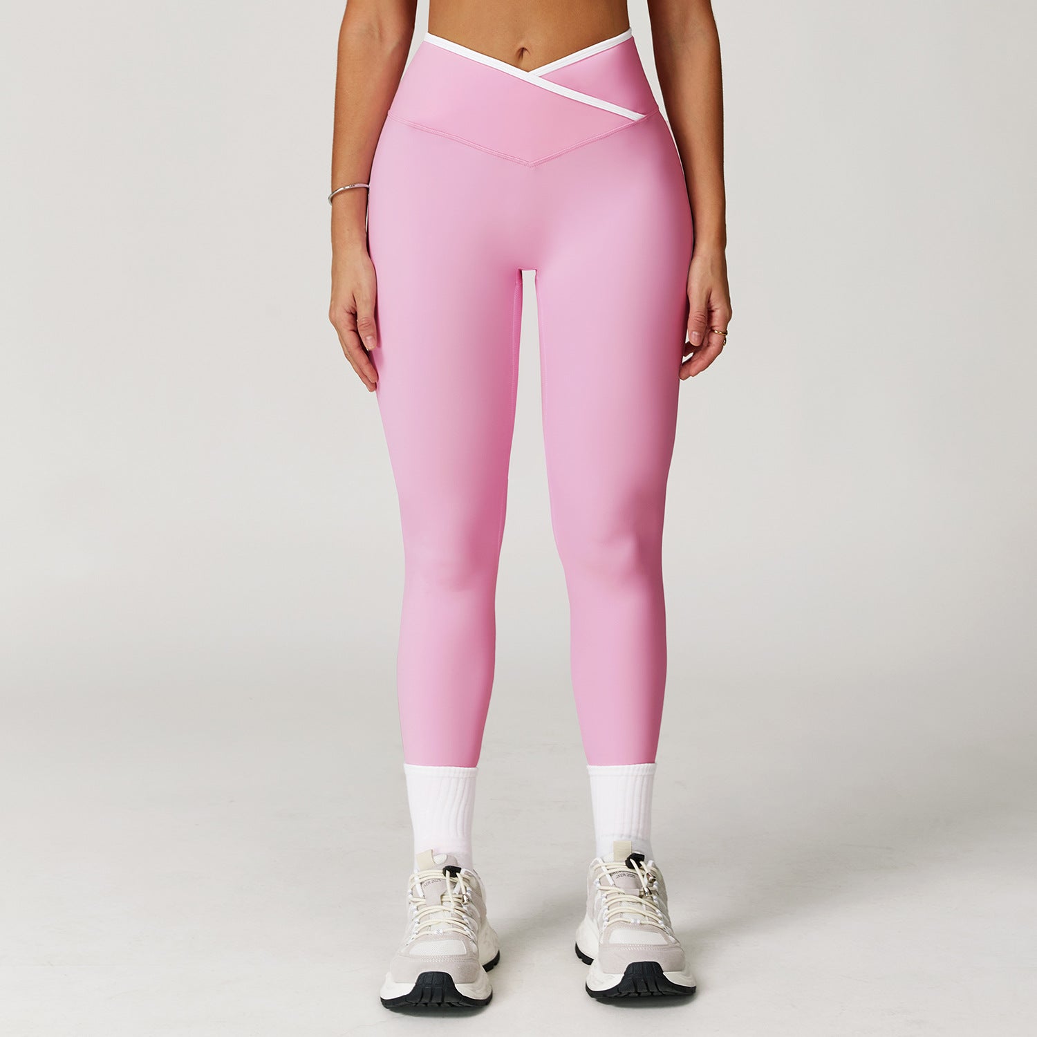 Nude Feel Skinny Yoga Pants Cross High Waist Contrast Color Women - Cherry Blossom Powder / L - Other