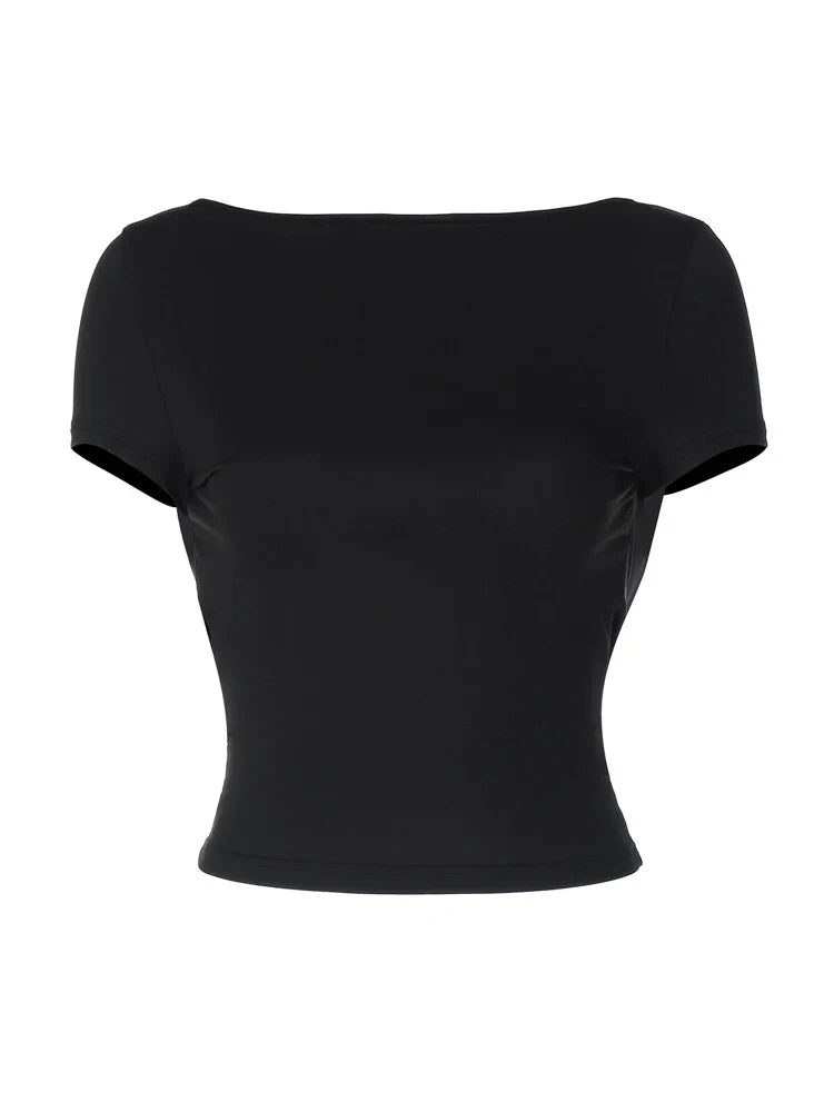 O Neck Short Sleeve Backless Ruched Crop Top
