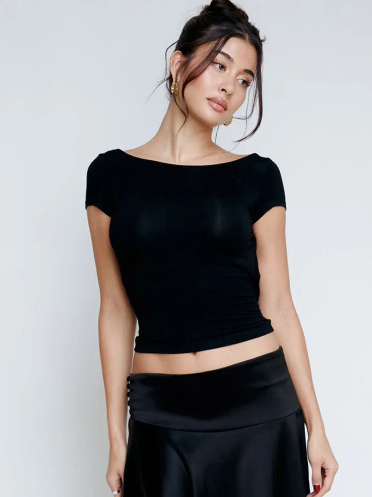 O Neck Short Sleeve Backless Ruched Crop Top