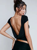 O Neck Short Sleeve Backless Ruched Crop Top - black / L