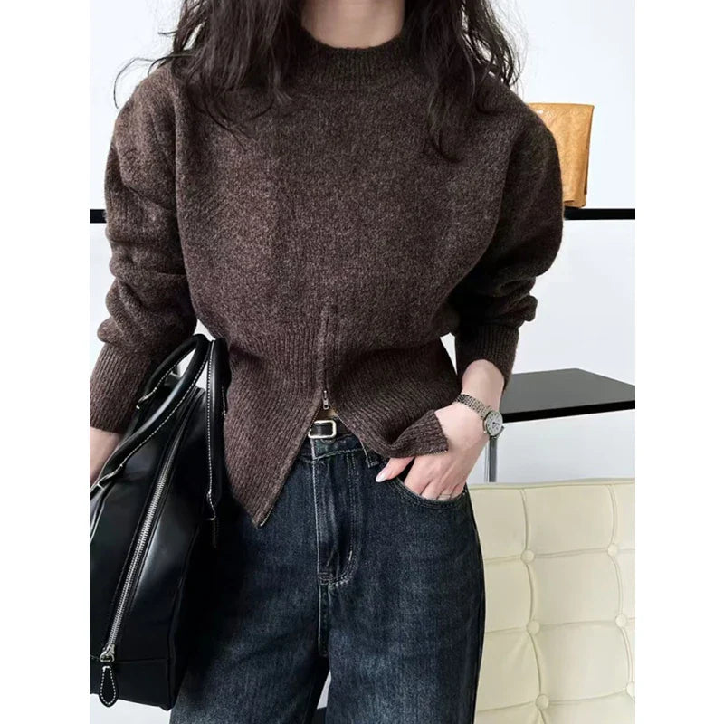 O-neck Slim Fit Sweater - Coffee / One Size