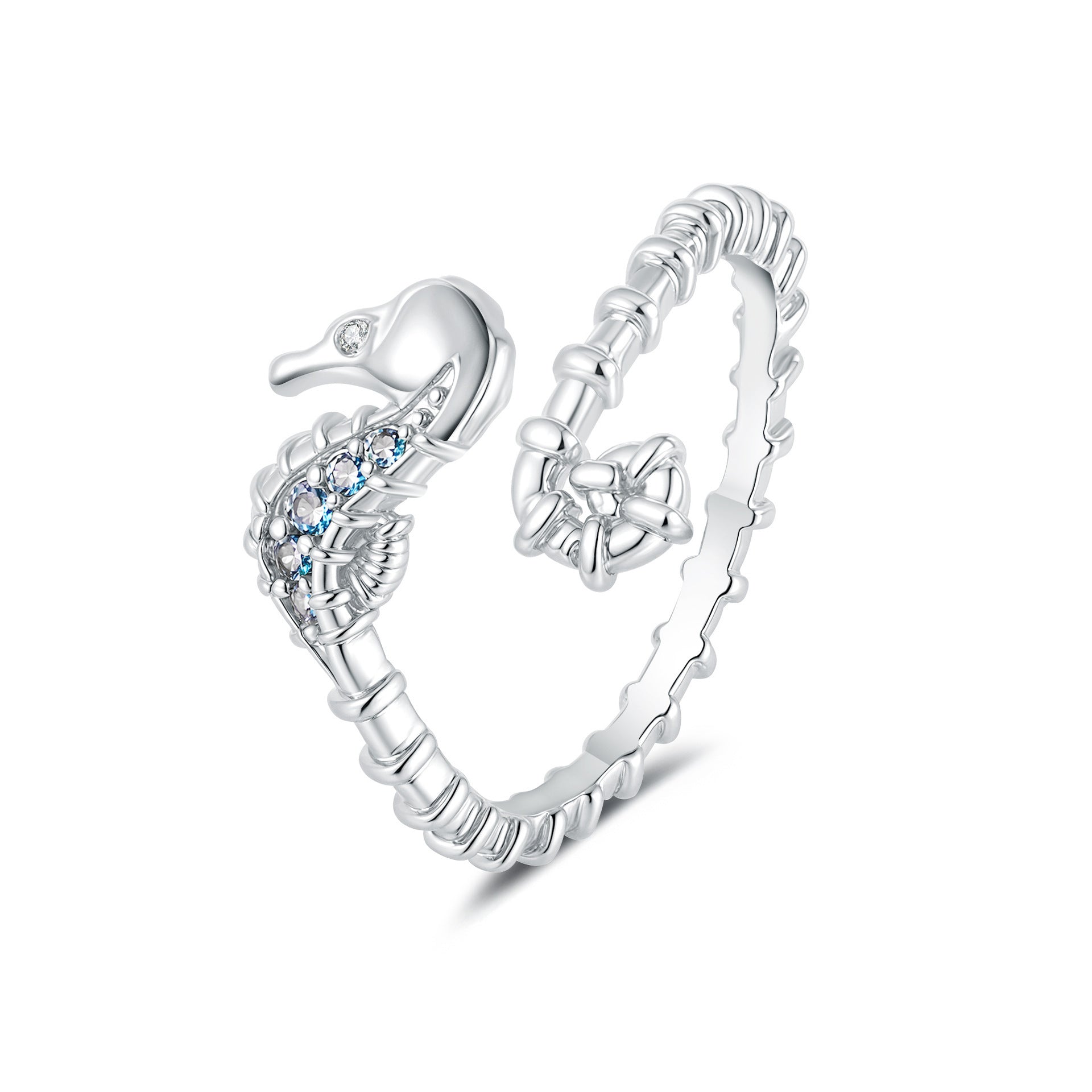 Ocean Seahorse Open Ring Female Inlaid With Green Zirconium - White Gold Color / Adjustable Opening - electronic