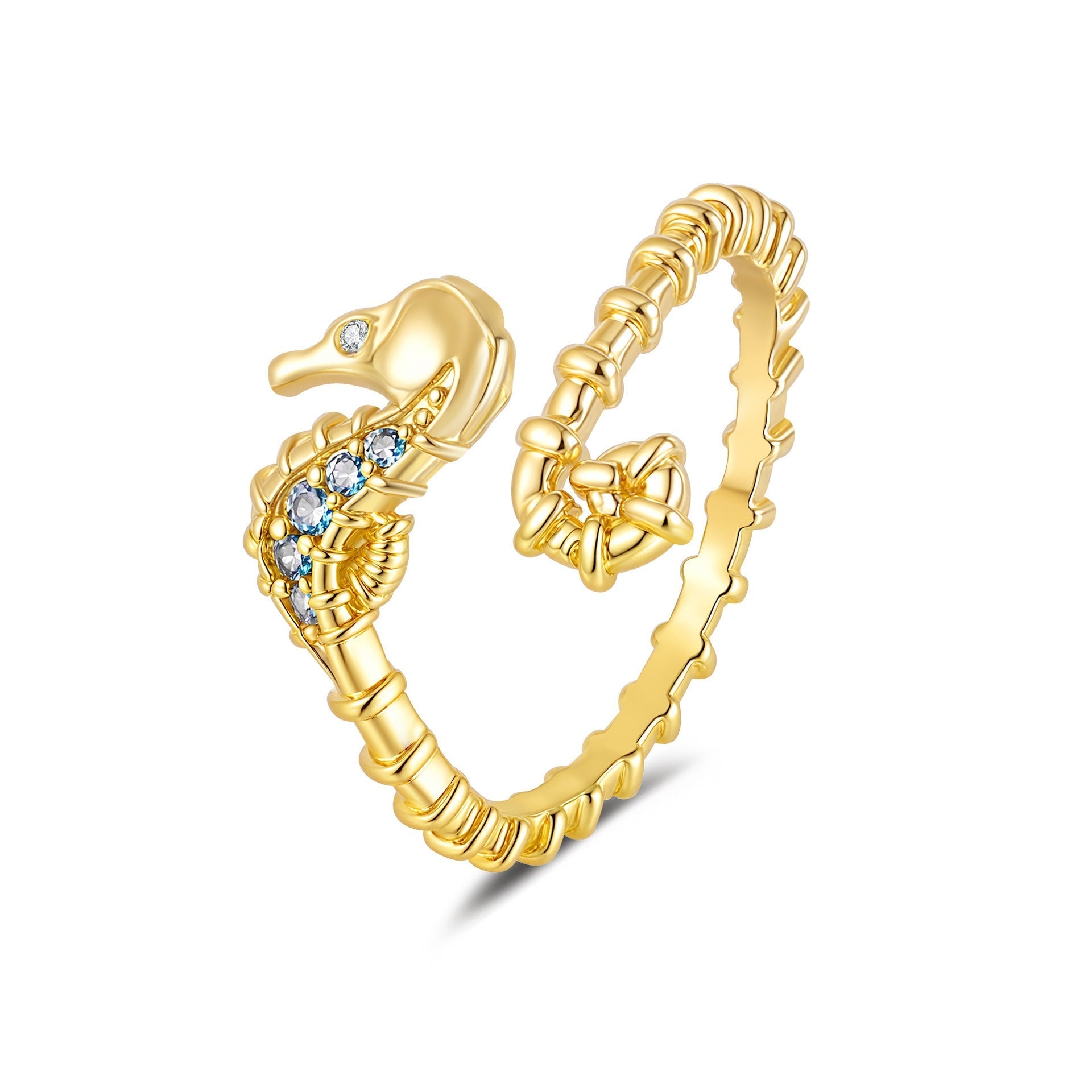 Ocean Seahorse Open Ring Female Inlaid With Green Zirconium - Yellow Gold / Adjustable Opening - electronic accessories