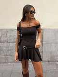 Off Shoulder Girdle Mini Dress - Coffee / M