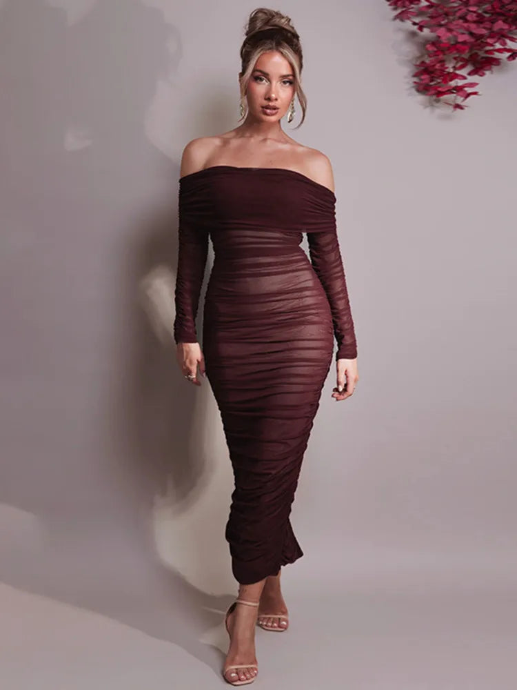 Off-shoulder Long Sleeve Maxi Dress For Women