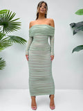 Off-shoulder Long Sleeve Maxi Dress For Women - Light Green / L