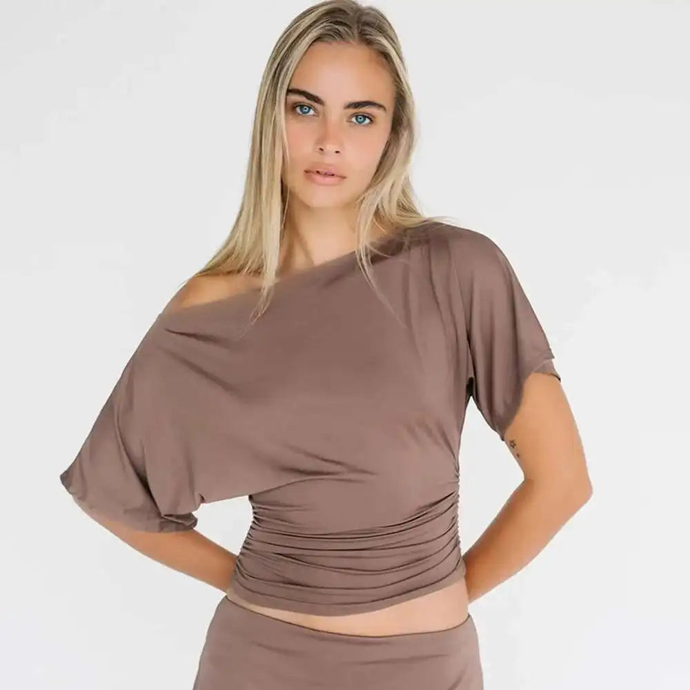 Off Shoulder Ruched Crop Top Women - Khaki / M