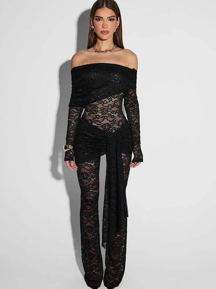 Off Shoulder See Through Lace Women Jumpsuit - Black / L