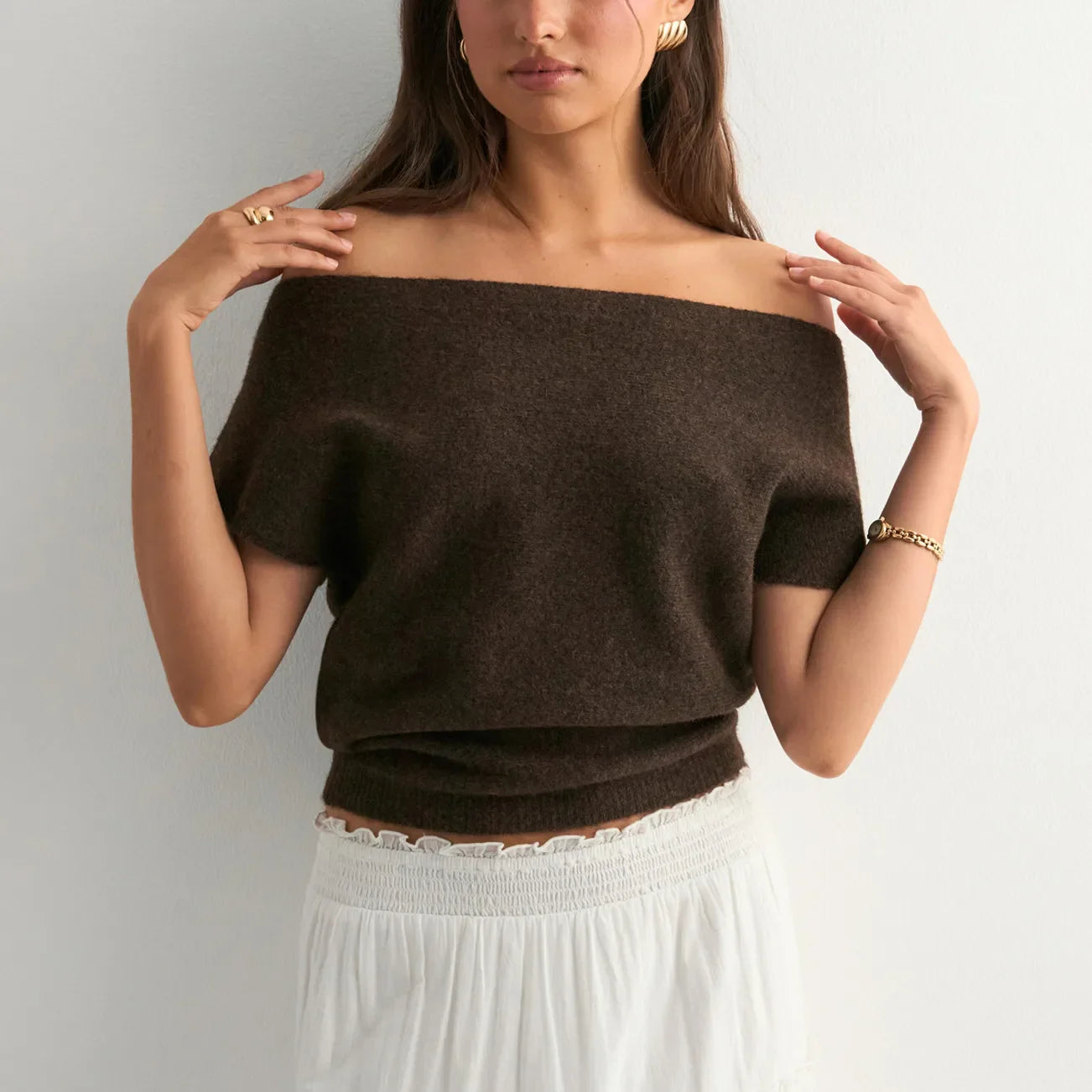 Off Shoulder Short Sleeve Knit T-Shirt Women