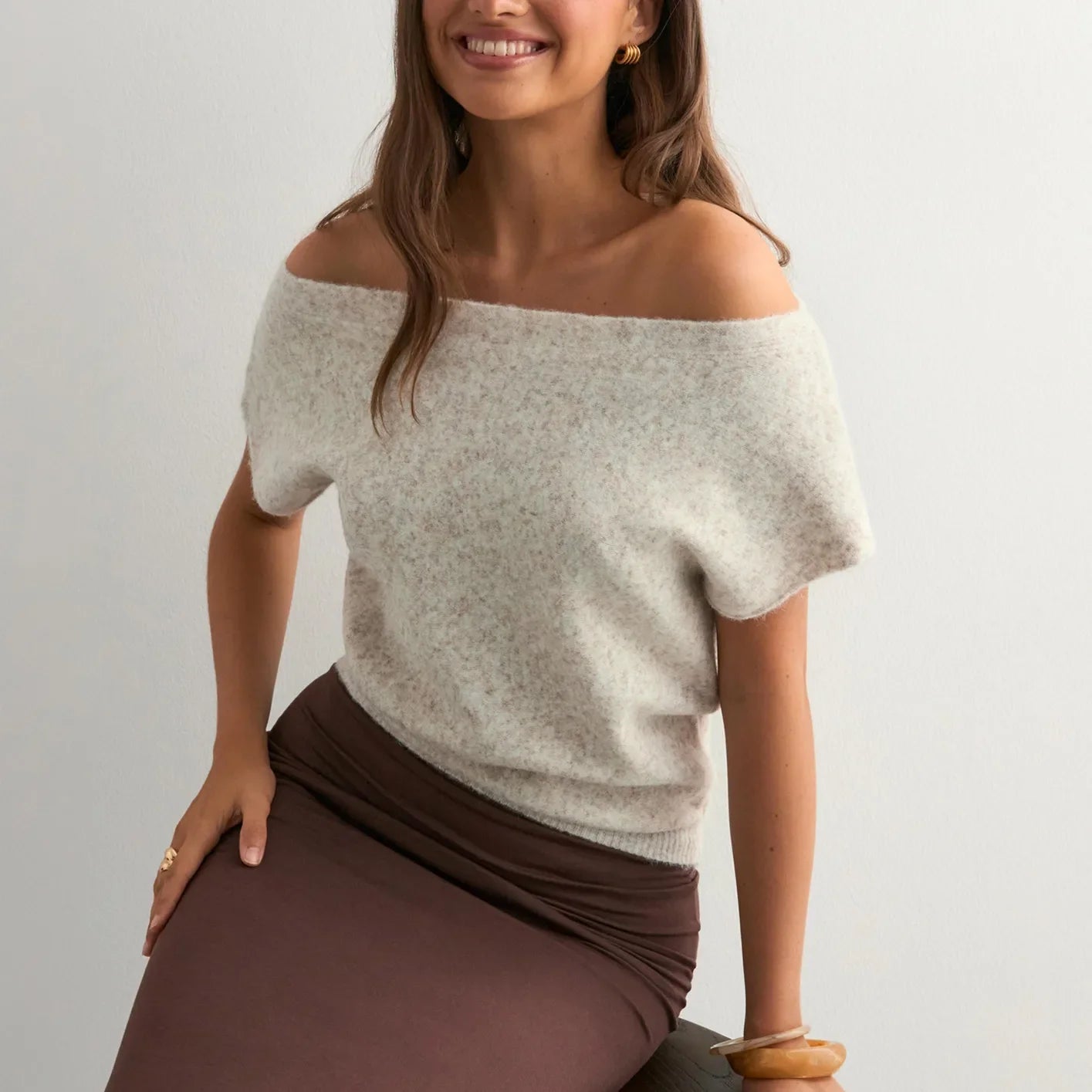 Off Shoulder Short Sleeve Knit T-Shirt Women