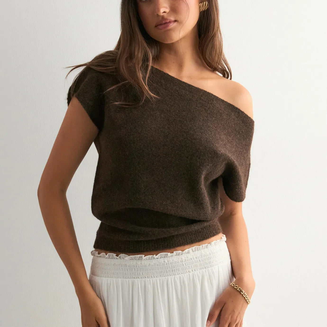 Off Shoulder Short Sleeve Knit T-Shirt Women - B / XL