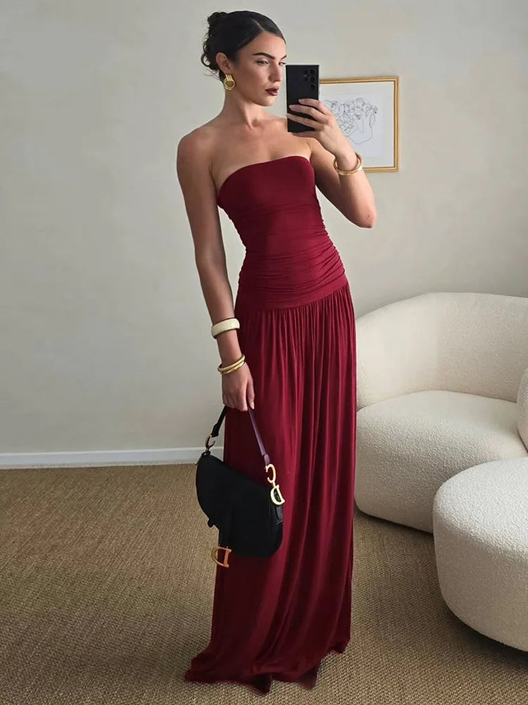 Off-shoulder Strapless Pleated Maxi Dress Women