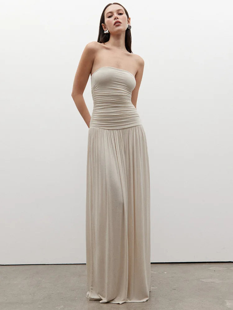 Off-shoulder Strapless Pleated Maxi Dress Women