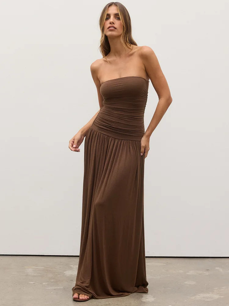 Off-shoulder Strapless Pleated Maxi Dress Women - Brown / L