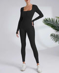 Black long-sleeve ribbed knit jumpsuit with square neckline and thumbholes for dry running fitness