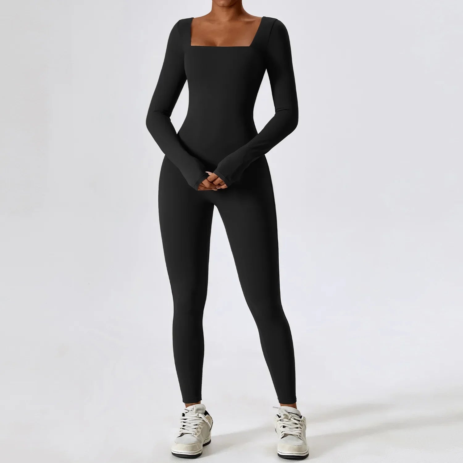 Black long-sleeved square-neck jumpsuit with thumbholes for quick dry running fitness sports