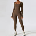 Women’s long-sleeve brown jumpsuit for dry running fitness and quick dry running sports
