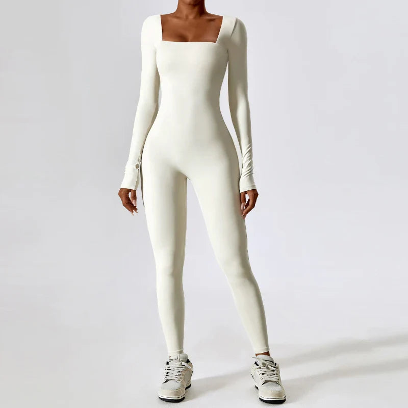 Off-White Square Neck Jumpsuit for Dry Running Fitness and Running Fitness Sports