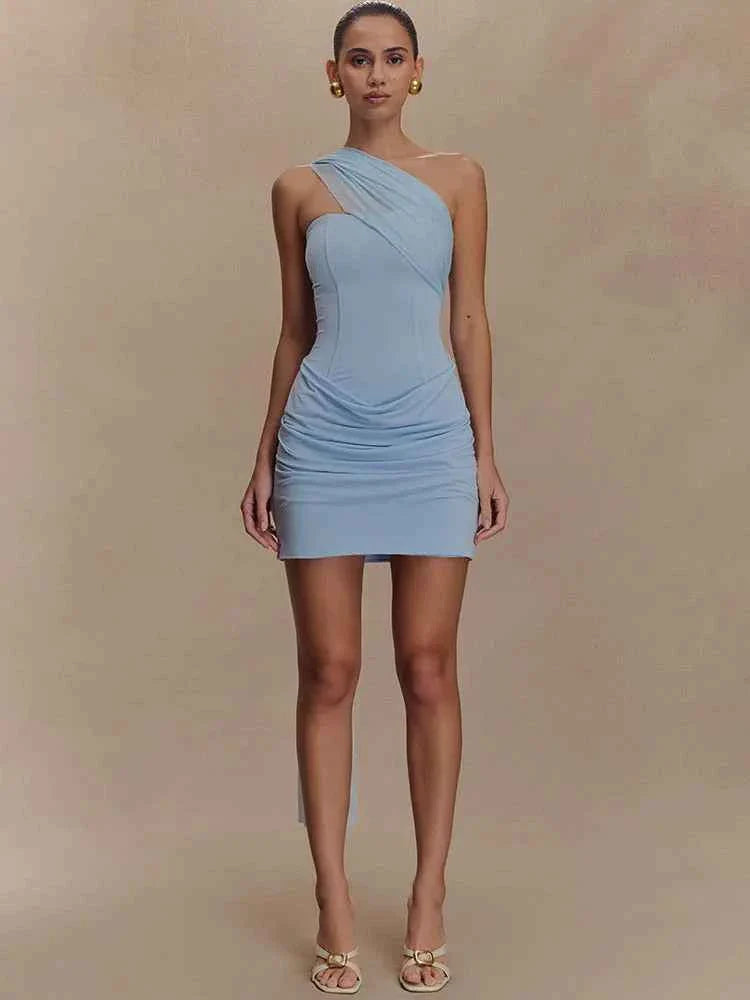 One Shoulder Backless Mini Dress Women - Blue / M