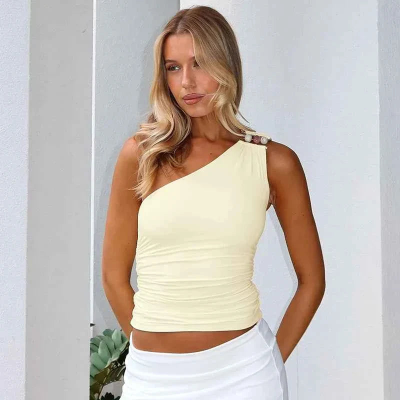 One-Shoulder Bead Link Ruched Tank Top