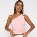 One-Shoulder Bead Link Ruched Tank Top - Pink / L