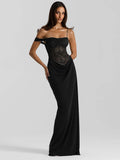One Shoulder Lace See Through Maxi Dress Women - black / M