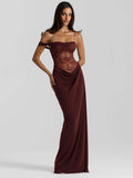One Shoulder Lace See Through Maxi Dress Women - Burgundy / S