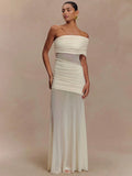 One Shoulder Mesh Maxi Dress Women Off-shoulder Strapless Sleeveless Backless - White / S